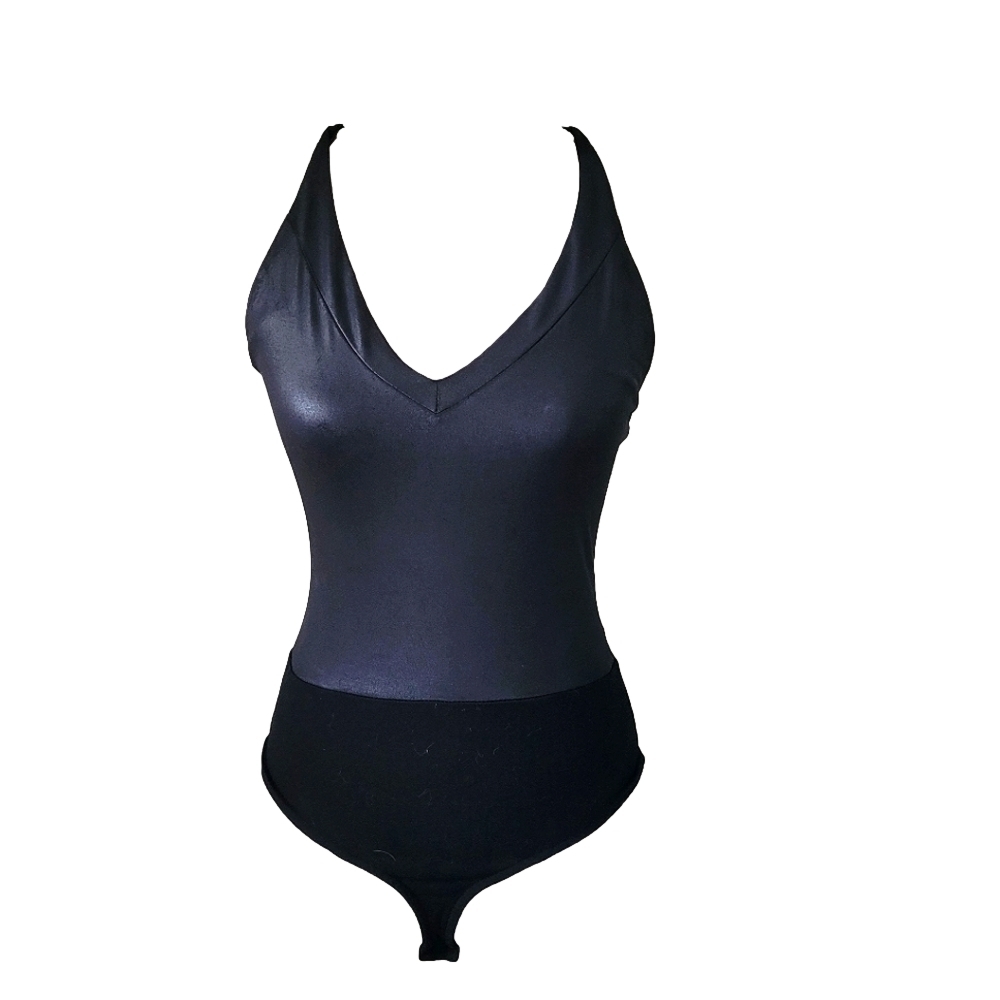 Guess bodysuit small black vegan leather deep vneck halter